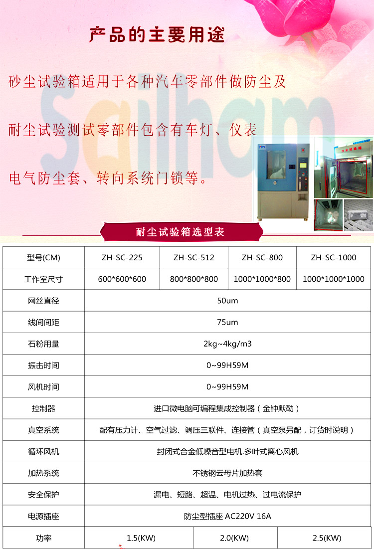 車燈專用粉塵試驗(yàn)箱選型表介紹